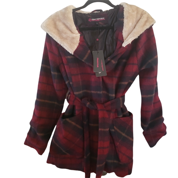 Urban Republic Jackets & Blazers - Urban Republic Belt Wrap Shawl Collar Coat Faux Fur Hood